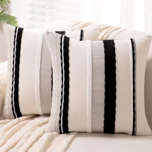 Boho Throw Pillow Covers 18x18 Set of 2 Farmhouse Decorative Cushion Case Striped Square Pillows Cover Chenille Pillow Cases Accent Neutral Pillowcase for Sofa Couch Bed,Black and White - color: Black Stripe 2