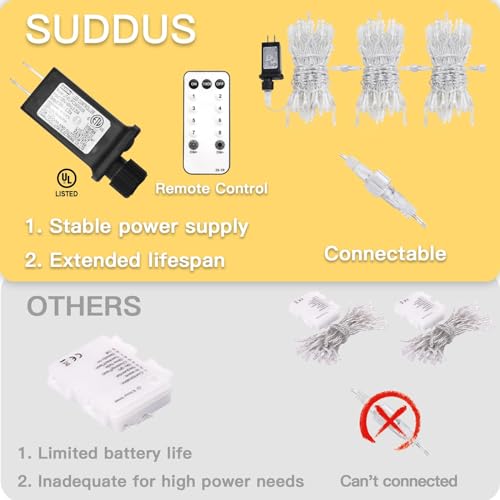 suddus 100 LED String Lights with Remote Control, 33ft Connectable Clear Wire Fairy Lights, 8 Modes & Timer Dimmable, Waterproof Plug in Twinkle Lights for Bedroom, Patio, Christmas Tree - Warm White - color: Warm White, size: 100LED Connectable