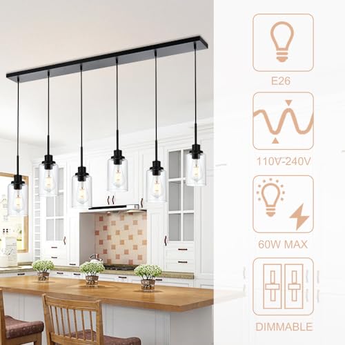6-Lights Pendant Light Fixtures Ceiling, Modern Black Adjustable Hanging Lamp with Clear Glass Shades, Dining Room Kitchen Island Lighting E26 Bulb Base - color: Black, size: 6-Light