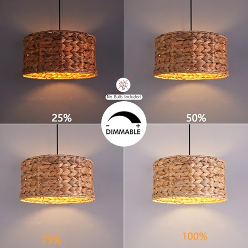 HuisMier Rattan Plug in Pendant Light with 15 Ft Plug in Cord, Wicker Woven Lampshade Hanging Lamp with Dimmable Switch, Plug in Boho Hangiing Light Fixture for Kitchen Island Bedroom Dinning Room - color: Brown Cylinder
