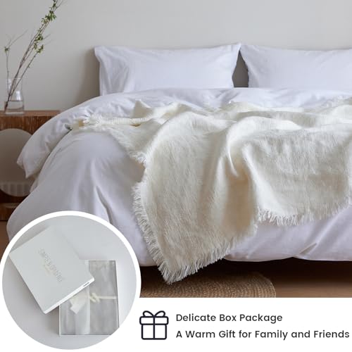 Simple&Opulence 100% Linen Throw Blanket 55x75 inches, Farmhouse Boho Tassel Blanket for Couch, Bed, Sofa, Breathable Natural Cozy Décor, White ﻿ - color: White