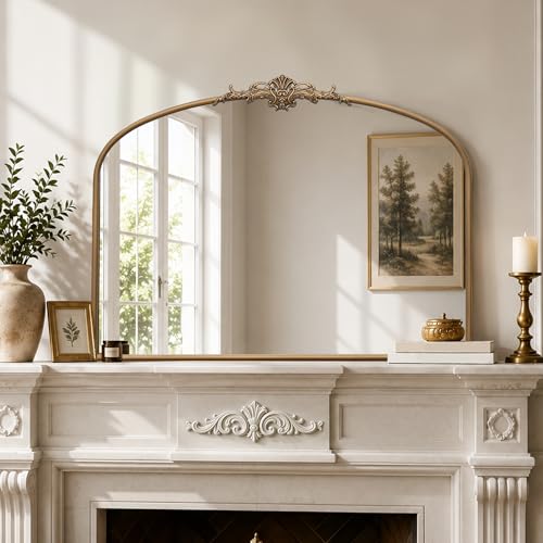 Besdomus Vintage Arched Gold Mirror: 40"x29" French Large Brass Antique Wall Vanity Mirror - Decorative Baroque Traditional Ornate for Entryway/Fireplace/Bathroom/Bedroom - Ideal for Home Renovations - color: Brass Gold, size: 29"L x 40"W