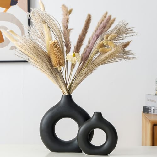 Modern Donut-Shaped Decorative Vases, Handmade Minimalist Boho ins Style, Modern Vase for Home Decor for Wedding Dinner Table Party Living Room Office Bedroom (Black, Large + Small) - color: Black, size: Large + Small