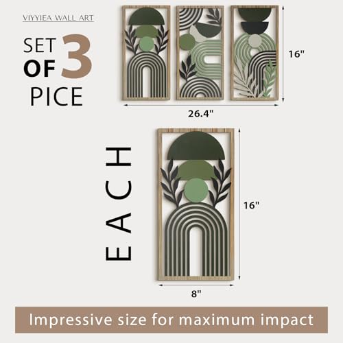 VIYYIEA Boho Solid Wood Carved Wall Art Set of 3, Geometric Minimalist Wooden Home Decor Panels, Handcrafted Solid Wood Wall Hanging for Living Room Bedroom Hallway, 16 x 8 Inch Each (Boho Green) - color: BOHO