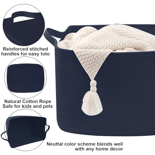 96L Large Blanket Basket,24"x16"x15"Rectangle Storage Bin with Handles,Woven Rope Laundry Basket for Toys, Clothes,Magazines,Home Organization,Nursery,Living Room & Bedroom,Navy - color: Navy, size: 24"x16"x15"(96L)