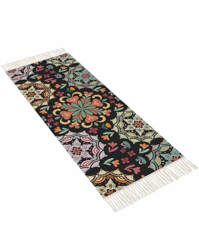 Black Boho Hallway Runner Rug 2' x 5', Ethnic Country Colorful Abstract Floral Motifs Washable Kitchen Runner Rug with Tassels, Laundry Room Rugs Woven Cotton Carpet for Bedroom Entryway Front Door - color: Multicolor Black, size: 2' x 5' (Rectangular)