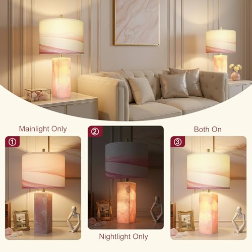 Scenekoy 23" Alabaster Table Lamp Set of 2 with Night Light for Bedroom Living Room, Rotary Switch, Pink Modern Table Lamp with Linen Shade, Nightstand Lamps for Room Bedside Office (Bulb Included) - color: Pink