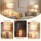 Scenekoy 23" Alabaster Table Lamp Set of 2 with Night Light for Bedroom Living Room, Rotary Switch, Pink Modern Table Lamp with Linen Shade, Nightstand Lamps for Room Bedside Office (Bulb Included) - color: Pink