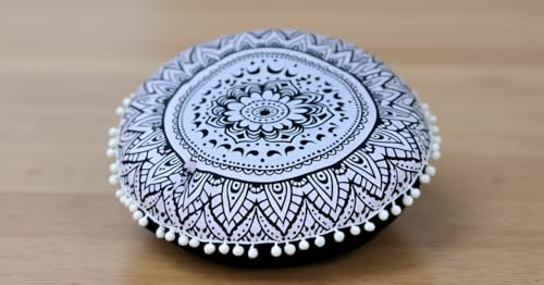 Round Mandala Floor Pillow Cover Seating Cushion Throw Cover Hippie Decorative Bohemian Ottoman Pouf Cover, Pom Pom Pillow Cases,Boho Indian 22 Inches (Black Flower) - color: Black Flower