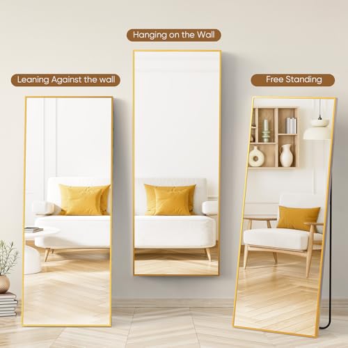 DUMOS 70.4"x25.6" Full Length Mirror with Stand, Floor Body Mirrors Shatter-proorf Nano Glass with Aluminum Frame, Free Standing or Hanging Leaning, Modern Simple for Home Decor, Gold - color: Gold-rect Edge, size: 70.4"L x 25.6"W