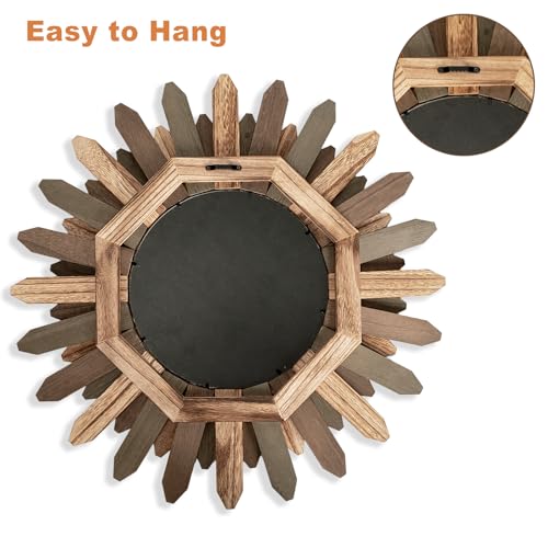 Emfogo Wall Mirror 21 inch Large Rustic Wood Boho Mirror Wall Decor Boho Room Decor Home Decor Aesthetic Farmhouse Decor for Bedroom Living Room Entryway(Tri-Color) - color: Tri-color, size: 21"L x 21"W