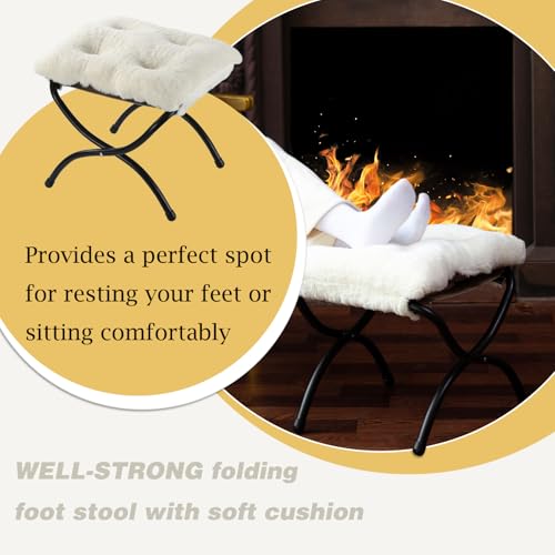 15" Foldable Foot Stool Ottoman with Metal Frame - Washable Faux Fur Beige Upholstered Indoor/Outdoor Footrest for Living Room, Bedroom, Patio - Space-Saving Compact Design - color: Fleece-beige