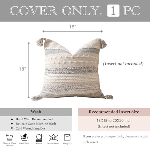 BlissBlush Gray Boho Decorative Throw Pillow Cover 18x18 Square Farmhouse Accent Cushion for Couch Sofa Livingroom Bedroom Pillowcase Modern Home Décor (Pack of 1) - color: Gray White, size: 18" x 18" (Pack of 1)