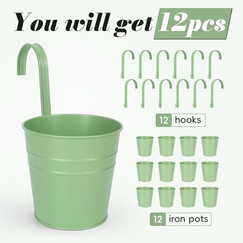 HowRU Hanging Flower Pots, Railing Planter Box for Outdoor Plants 12 Pack 5 Inch Metal Hanging Planters with Detachable Hooks Balcony Window Fence Garden Decoration Flower Boxes (Green) - color: Green(5in)
