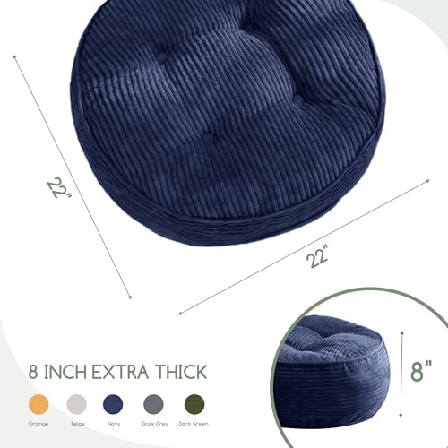 HIGOGOGO 8" Extra Thick Floor Pillow Cushion for Adults, Meditation Cushion Pillow, Large Round Floor Sitting, Tufted Corduroy Cover, for Tatami Living Room or Yoga, 22x22 Inch, 2Pack, Navy - color: Round Navy, size: 8" Thick(Pack of 2)