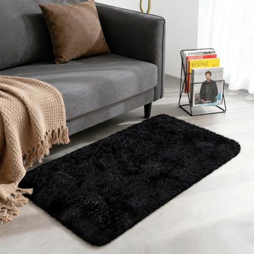 Merelax Fluffy Shaggy Small Area Rug, Black 2x4 Runner Rugs for Bedside Christmas Decor, Mini Fuzzy Plush Throw Rug, Soft Non-Slip Entryway Shag Catpet for Livingroom Holiday Home Aesthetic - color: Black, size: 2' x 4' (Rectangular)