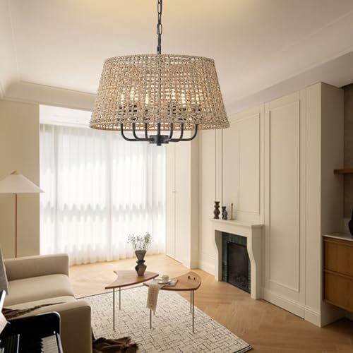 20"Rattan Large Boho Chandelier Ceiling Light Fixture, 6-Light Farmhouse Wicker Hand-Woven Chandelier Rattan Ceiling Pendant light Fixture for Dining Room Bedroom Hallway Kitchen Island(Black) - color: Black 6-Light 20" T-Shape