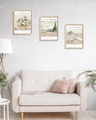 HesenDot Van Gogh High Framed Wall Art Set of 3, 12x16in Neutral Floral Canvas Prints, Abstract Landscape Artwork for Living Room Bedroom Gallery Office Home Décor - color: Framed Van Gogh Nature Set, size: 16"L x 12"W