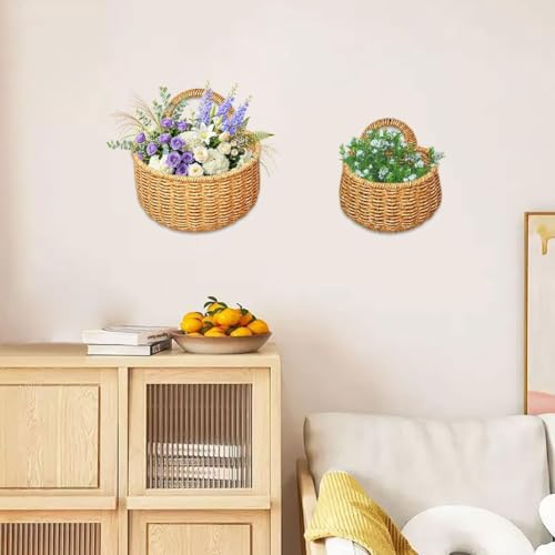 Wicker Wall Hanging Baskets,2 Pcs Handmade Rattan Hanging Wall Baskets for Plants,Flowers,Fruit,Vegetable and Magazines,Woven Wall Mount Decorative Basket for Kitchen, Living Room (Round) - color: Round