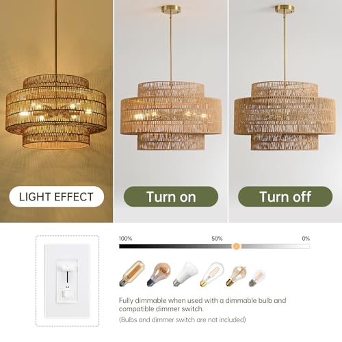 24” Boho Large Rattan Chandelier Light Fixture,6-Light Large Hand Woven Pendant Light Fixture Farmhouse Rustic Chandeliers for Kitchen Bedroom, Dining Room, Living Room, Hallway, Foyer - color: Brown, size: 24" 6-Light