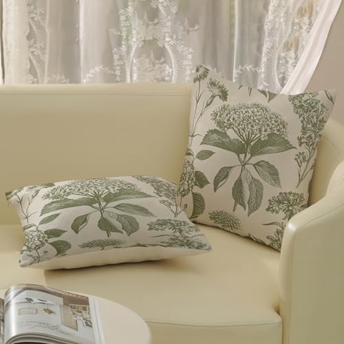 Sage Green Pillow Covers 16x16 Inch 2 Pcs Boho Vintage Floral Decor Throw Pillows Hydrangea Flower Seasonal Outdoor Farmhouse Neutral Accent Decoration Pillowcase Linen Cushion Cover for Sofa - color: Boho Sage Green Hydrangea, size: 16" x 16" (Pack of 2)