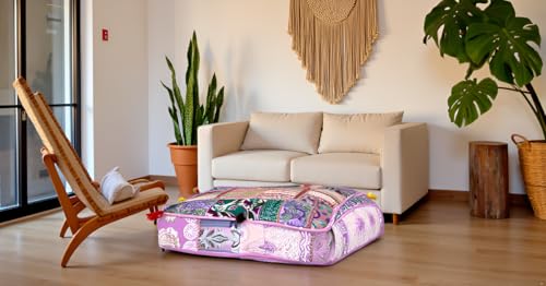 CRAFT KALA Indian Square Patchwork Traditional Pouf Cover Indian Living Room Poufs Decorative Embroidered Designer Ottoman Home Living Footstool Chair Cover Decor Pillow Cover 22x22x5 inches Baby Pink - color: Baby Pink, size: 22"D x 22"W x 5"H