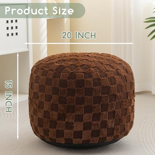 HIGOGOGO Round Stuffed Pouf Ottoman, Plaid Poufs with Foam Chunk Filling, Fluffy and Furry Pouf Foot Stool Storage Ottoman, 20 X 15 Floor Poufs Foot Rest for Living Room, Coffee - color: Plaid Coffee, size: 20"D x 20"W x 15"H