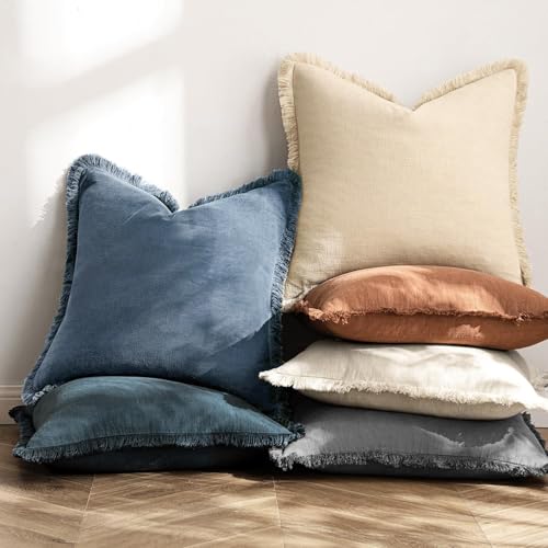 MIULEE Decorative Throw Pillow Covers Neutral Linen Fringe Throw Pillows Set of 2 Blue Ashes Boho Farmhouse Cushion Covers with Tassels for Couch Sofa Bed Home Spring Decor 16x16 Inch - color: Blue Ashes, size: 16" x 16" (Pack of 2)