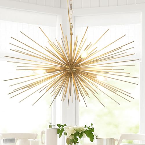 31in Modern Gold Sputnik Chandelier 4-Light Mid-Century Starburst Chandelier Light Fixture Over Table Large Satellite Chandeliers for Dining Room Foyer Entryway Kitchen Bedroom Living Room E12 - color: Golden 31" 4-Light