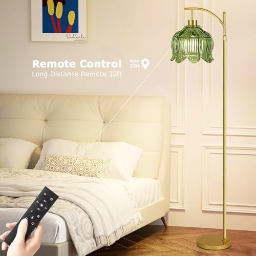 QIYIZM Glass Floor Lamp for Living Room,Bedroom,Gold Dimmable Standing Lamp with Remote,Mid Century Modern Brass Tall Lamp Boho Vintage Floor Lamps Arc Green Tulip Flower Floor Light Lamp Bohemian - size: 29-Floor Lamp