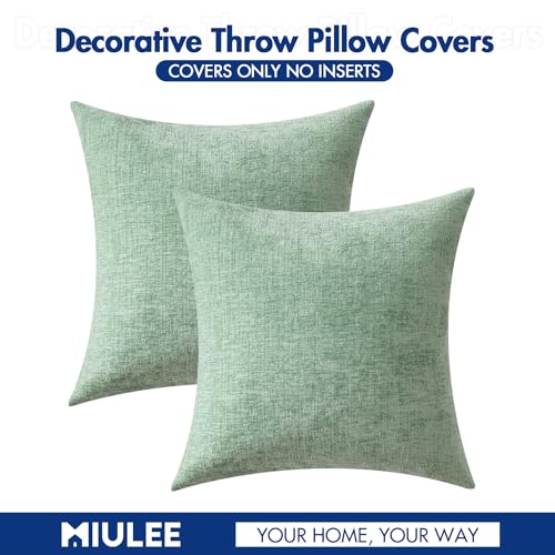 MIULEE Pack of 2 Couch Throw Pillow Covers 16x16 Inch Soft Greyish Green Chenille Pillow Covers for Sofa Living Room Solid Dyed Pillow Cases - color: Greyish Green, size: 16" x 16" (Pack of 2)