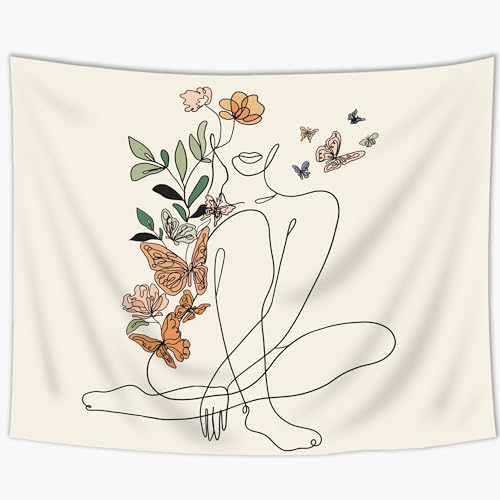 SVBright Abstract Woman Butterfly Fabric Wall Hanging Tapestry 59Wx51H Inch Mid Century Modern Minimalist Flower Plant Beige Terracotta Aesthetic Portrait Home Decor Art for Living Room Bedroom Dorm - color: Beige Woman Sitting, size: 51"L x 59"W