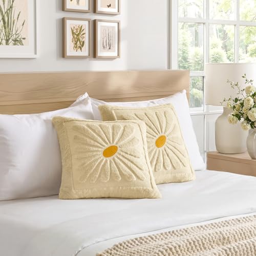 EMEMA Set of 2 Spring Summer Sunflower Floral Pillow Covers, Plush Faux Fur Decorative 18x18 Cushion Cases Adding a Soft, Bright Seasonal Accent to Sofa Couch Bed Modern Farmhouse Living Room, Beige - color: Beige, size: 18" x 18" (Pack of 2)