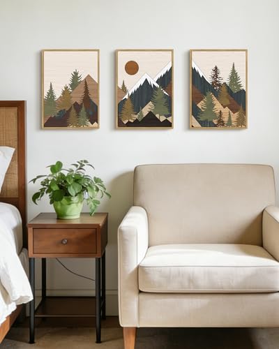 KUVIOKE Morden Mountains Framed Wall Art Boho Pine Tree Forest Nature Landscape Artwork Bohemain Farmhouse Rustic Bedroom Living Home Decor 11x14in (Natural Framed) - color: Wooden Mountain Sunrise, size: 11 x 14in x 3 Panels Natural