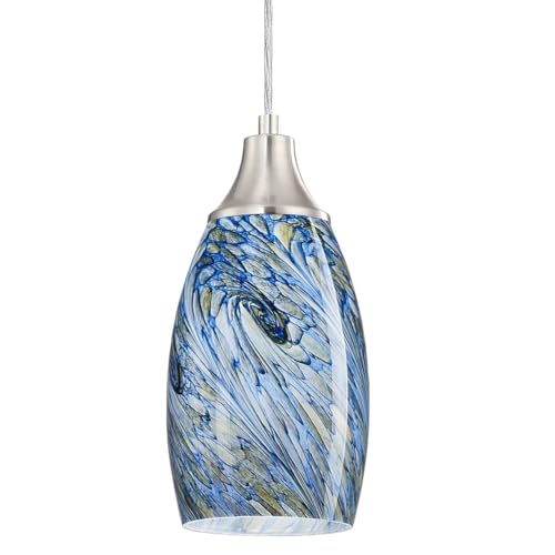 karyfine Mini Pendant Lights Kitchen Island White Blue Glass Lamp Shade Hand Blown Glass Pendant Light with Brush Nickel Finish Adjustable Cord for Kitchen Over Sink Hallway,Dining Room,Stairs Way - color: Blue white mixed yellow whirlpool-1Pack