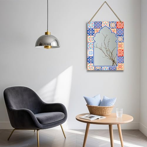 Rectangle Mirror for Wall, 12"x16" Decorative Wall Mirror, Flower Blue Mosaic Mirrors, Wall Mirrors Decor with Hanging Rope for Living Room, Entryway, Bedroom, Dining, Kitchen - color: Flower Blue