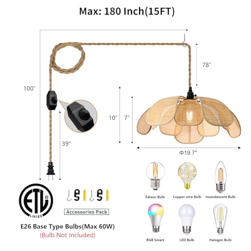 20 Inch Boho Flower Chandeliers for Dining Room Farmhouse Rattan Pendant Lights Girl Chandelier Hand Woven Bedroom Light Fixture Dimmable Plug in Hanging Lamp for Kitchen Island - size: 20 Inch Plug In
