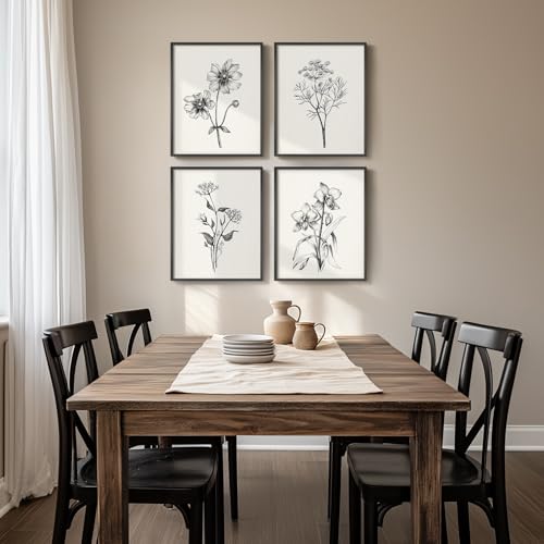 Framed Black and White Floral Wall Art for Bedroom, 4 Piece Vintage Botanical Canvas Paintings Artwork for Modern Farmhouse, Minimalist Flower Pictures for Living Room Kitchen Bathroom Wall Decor - color: Sketch - Black Framed, size: 11" W x 14" H x 4pcs
