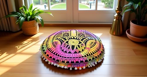 CRAFT KALA Boho Large Floor Pillow Pouf Cover Mandala Meditation Room Pillow Cover for Adults Round Bohemian Seating Pouf Cushion Cover for Kids Playroom 22" Multi Hamsa - color: Multicolor, size: 22" x 22" (Pack of 1)