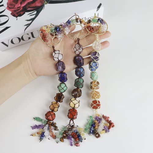 3 Pieces of 7 Chakras Healing Crystals and Tree of Life Wall Hanger Tumbled Gemstones Meditation Hanging Ornament Christmas Tree Memorial Hanging Pendant (Style 3) - color: A-style 21