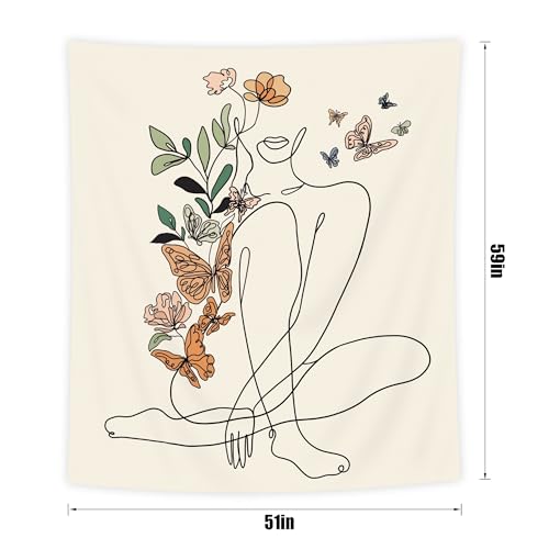 SVBright Abstract Woman Butterfly Fabric Wall Hanging Tapestry 51Wx59H Inch Minimalist Modern Flower Plant Mid Century Terracotta Aesthetic Portrait Beige Home Decor Art for Living Room Bedroom Dorm - color: Beige Woman Sitting, size: 59"L x 51"W