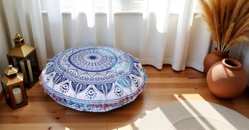 Round Mandala Floor Pillow Cover Seating Cushion Throw Cover Hippie Decorative Bohemian Ottoman Pouf Cover, Pom Pom Pillow Cases,Boho Indian 22 Inches (White and Blue) - color: White and Blue