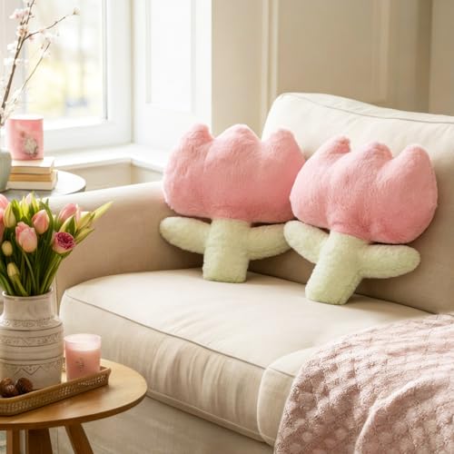 Pink Easter Tulip Pillows Flowers Throw Pillows 15.75 Inch Tulip Plush Floor Cushions Farmhouse Style Cotton Tufted Pillowcases for Sofa Couch Bed Chair Room Decoration