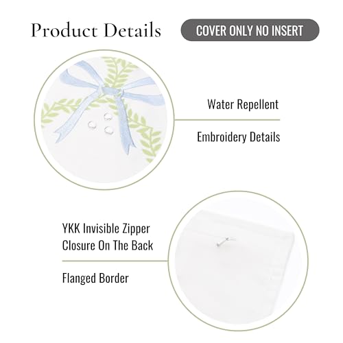 Hofdeco Premium Coastal Grandmillennial Patio Indoor Outdoor Lumbar Pillow Cover Only, 12"x20" Water Repellent for Backyard, Couch, Poolside, Grass Green Embroidered Ribbon Bow Tie on Leaves - color: Grass Green Ribbon Bow Tie on Leaves 12"x20"