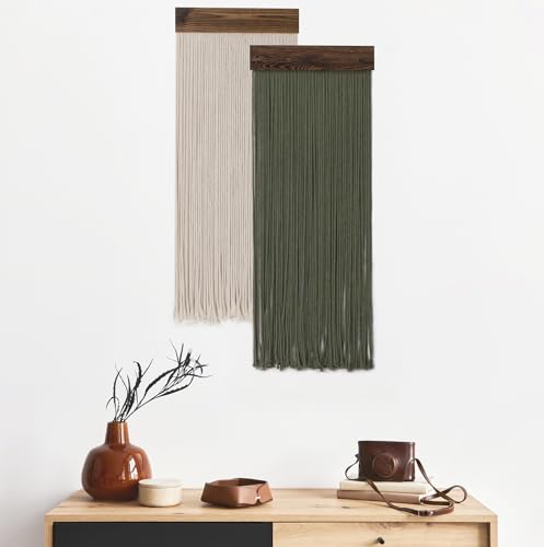 HVEST 2 Pcs Sage Green Wall Art Macrame Wall Hanging Boho Decor Green and Beige Handmade Woven Long Tapestry for Bedroom Living Room Nursery Home Apartment Headstock Wall Decor, 30.7L X 11.8 W inches - color: Green Beige