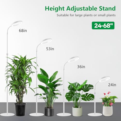 Aumtrly Floor Grow Lights for Indoor Plants, Full Spectrum Plant Light with 68" Stand for Growing Large Tall Plants, White Halo Grow Lamp with 6/12/16H Timer, 3 Light Modes, 5 Dimming - size: 1 head 68inch/white