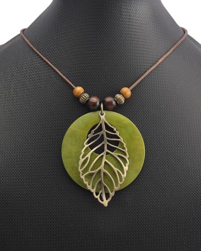 Leather Necklace for Women Long Boho Pendant Hippie Choker Necklace Bohemian Layered Leather Rope Wooden Jewelry Gifts - style: Leather Leaf Necklace