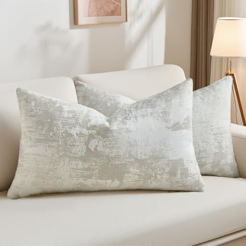 HAUSSY 2 Pack Lumbar Throw Pillow Covers 12x20 Inch,Faux Cashmere Jacquard Decorative Patten Furry Pillowcases Textured & Soft Cushion Covers for Couch Bed Room Home Decor,Grey White(Covers Only) - color: Grey White, size: 20" x 12" (Pack of 2)