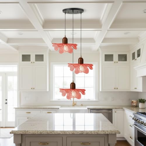 3 Light Red Glass Pendant Light Mid Century Modern Chandelier Adjustable Hanging Ceiling Light Fixture E26 Base for Bedroom Entryway Kitchen Island Dining Room - color: Red, 3 Light