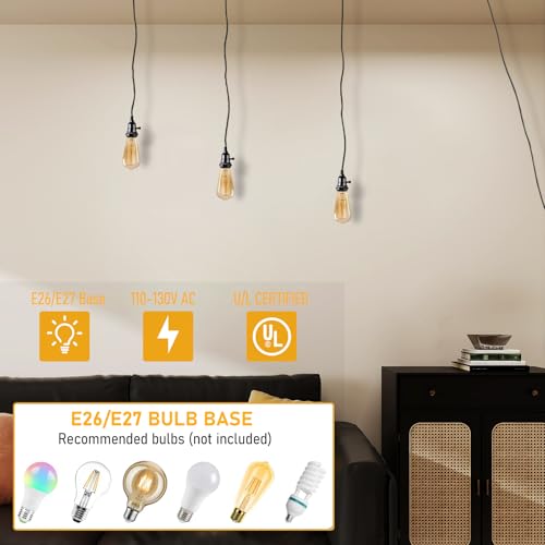 DITEDY 3-Light Plug in Pendant Light Kit, Hanging Lights with Plug in Cord 21FT Hanging Lamp Cord with On/Off Switch, DIY Vintage Black Pendant Lamp E26 Socket for Bedroom Kitchen Island